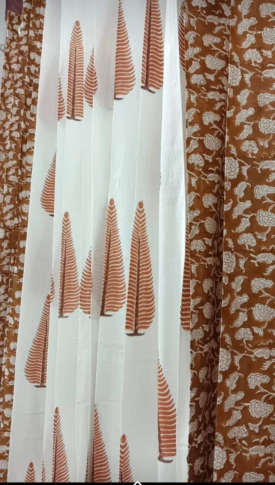 Rust Floral Jaal & Cypress Leaf Coordinated Pure Cotton Curtains original product photograph