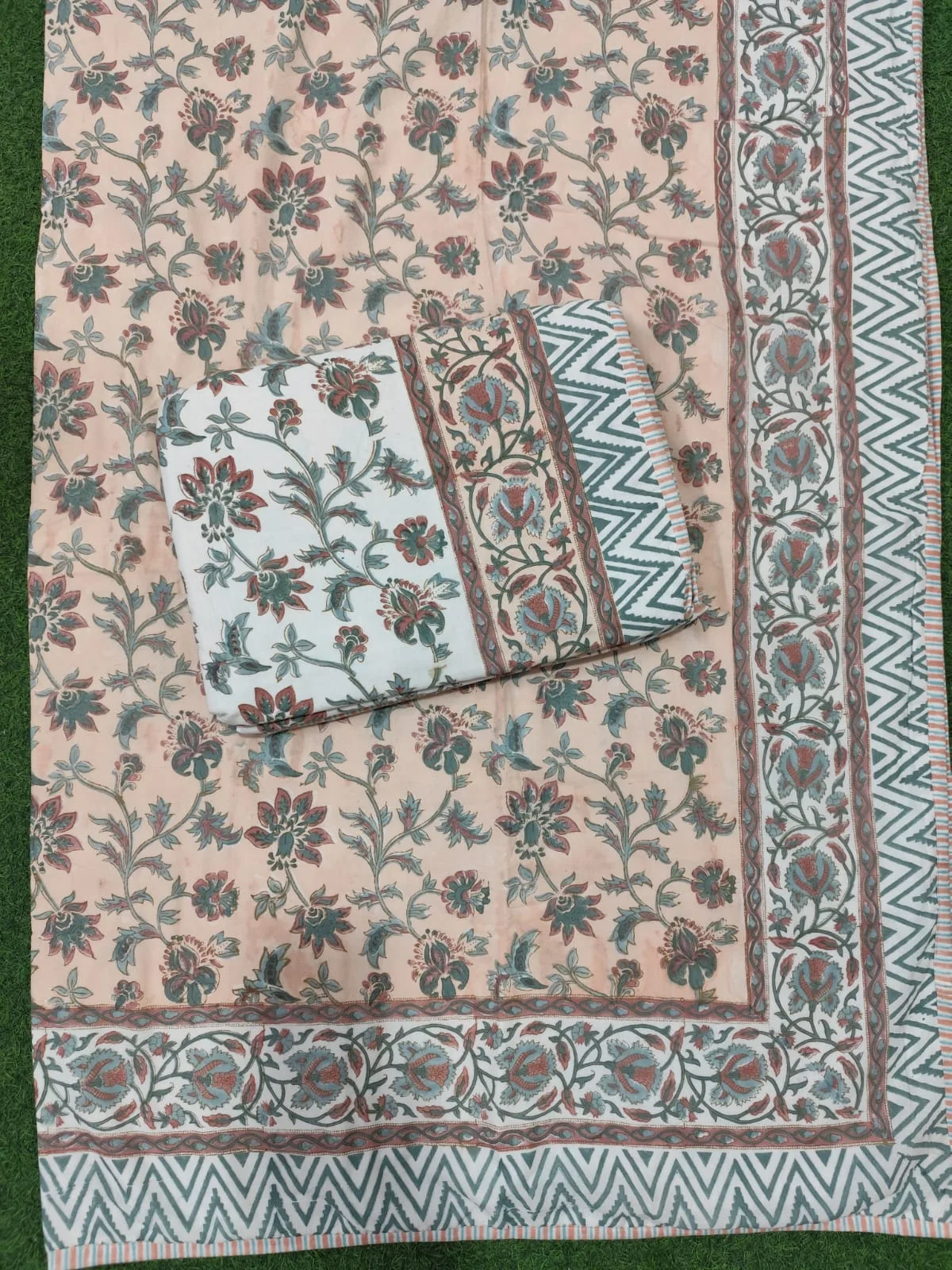 Peach Teal Floral Jaal Reversible Hand-Block Dohar original product photograph
