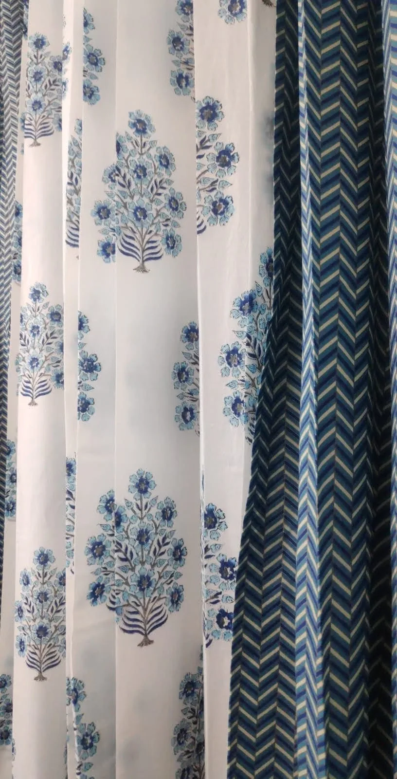 Indigo Chevron & Blue Bouquet Coordinated Pure Cotton Curtains original product photograph