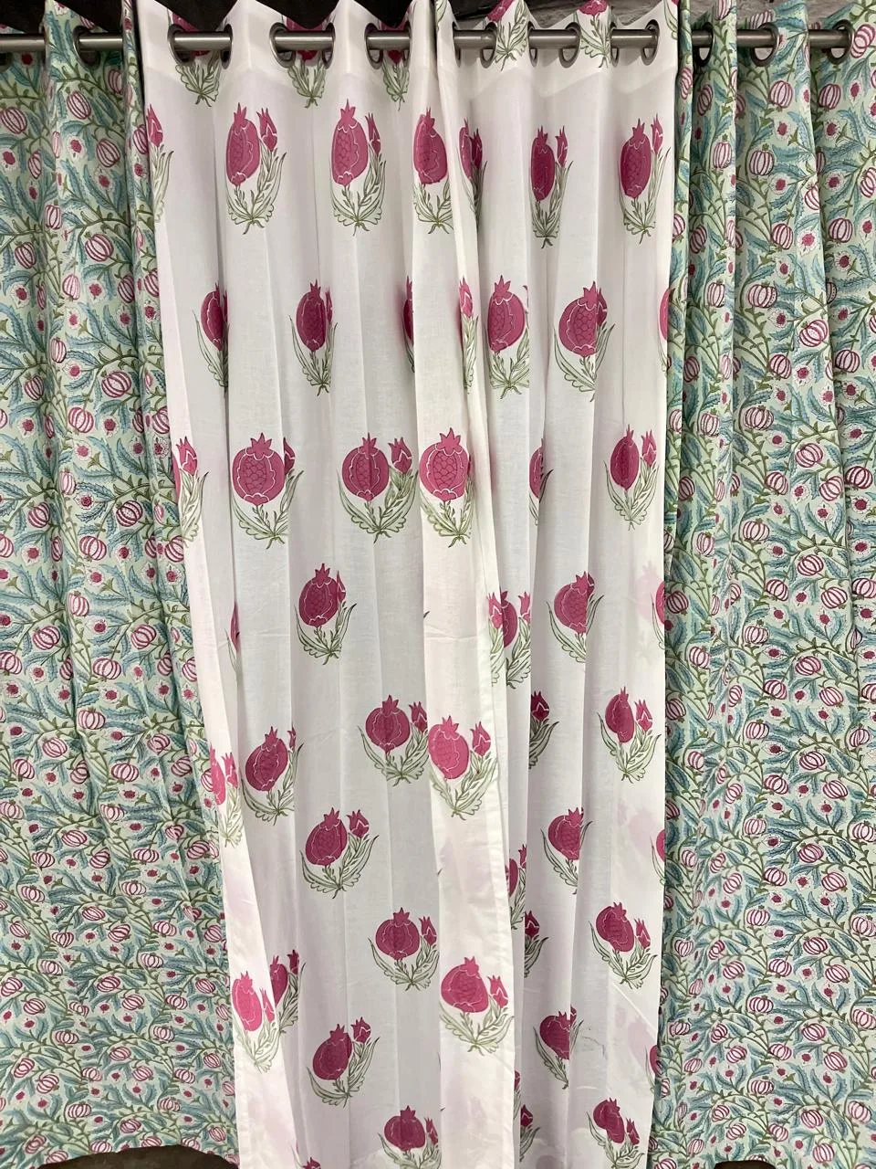 Aqua Pomegranate Vine & Rani Anar Coordinated Pure Cotton Curtains original product photograph