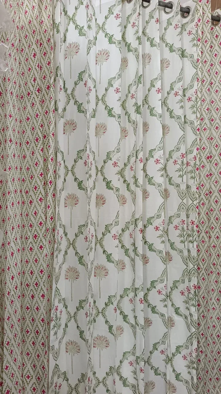 Rani Sage Diamond & Floral Vine Coordinated Pure Cotton Curtains original product photograph