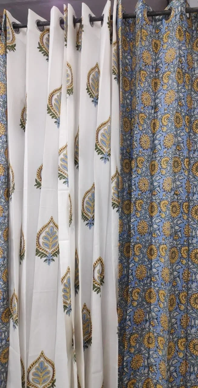 Powder Blue Daisy Jaal & Ornamental Buta Coordinated Pure Cotton Curtains original product photograph
