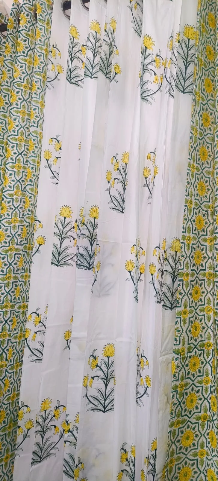 Mustard Sunflower Trellis & Yellow Lily Pure Cotton Curtains original product photograph