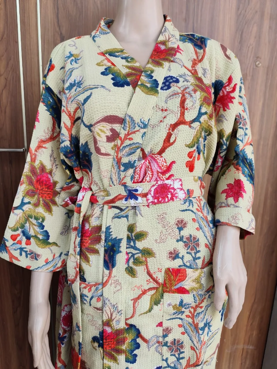 Cream Multicolour Botanical Adult Waffle Bathrobe original product photograph