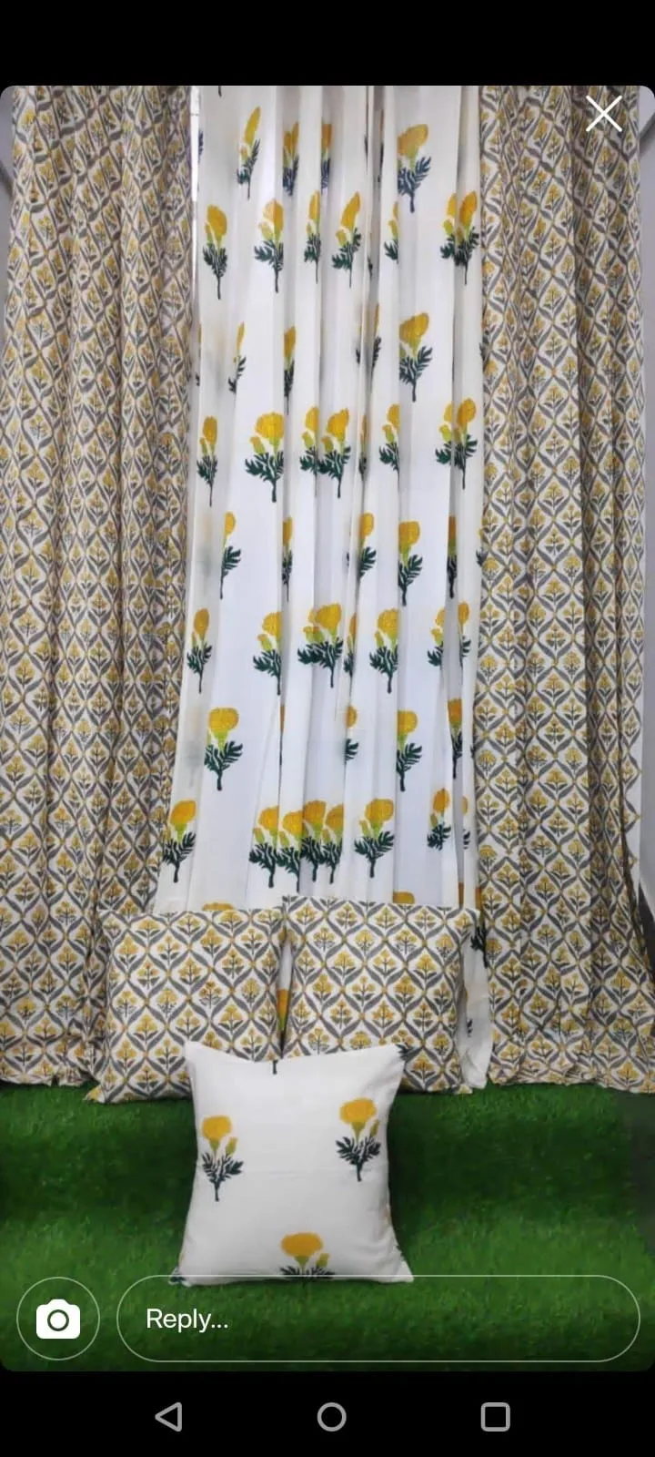 Mustard Diamond Lattice & Marigold Bloom Coordinated Pure Cotton Curtains original product photograph