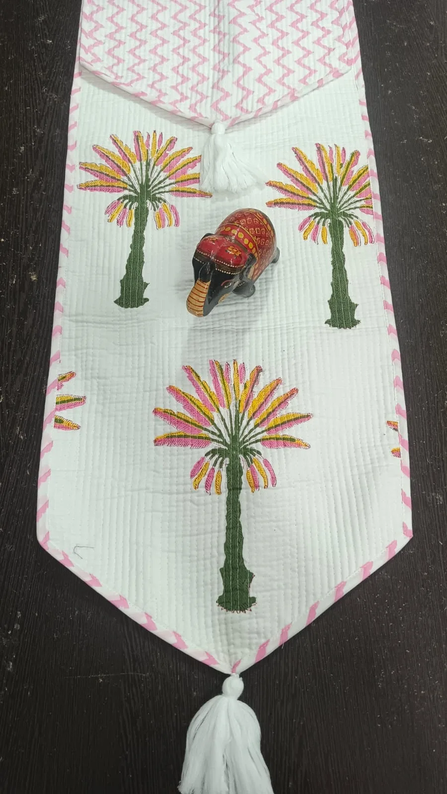 Pink Saffron Palm Reversible Quilted Table Runner original product photograph