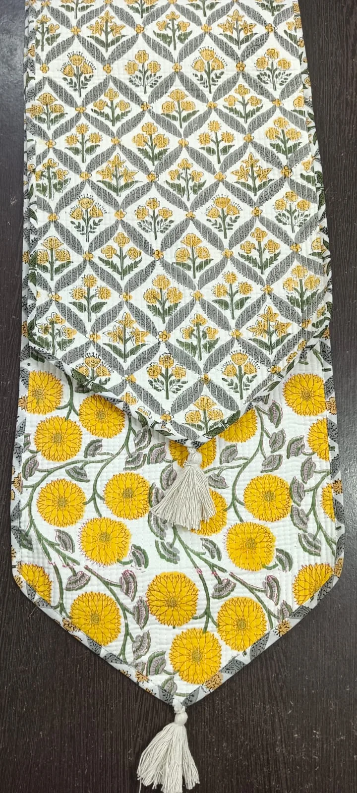 Mustard Chrysanthemum Vine Reversible Quilted Table Runner original product photograph