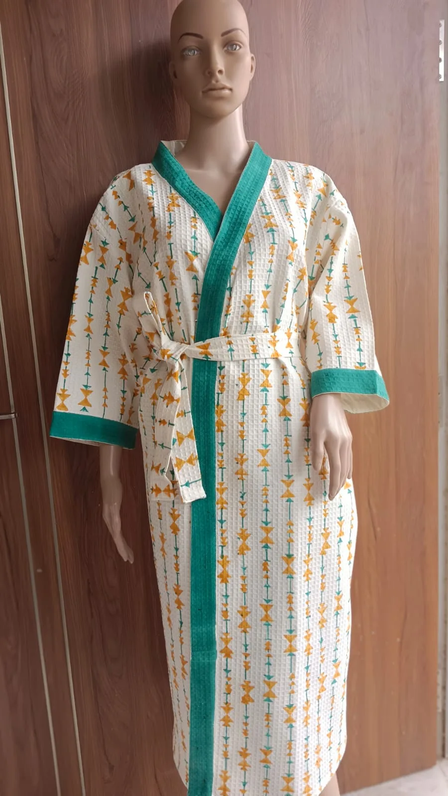 Mustard Teal Geometric String Adult Waffle Bathrobe original product photograph