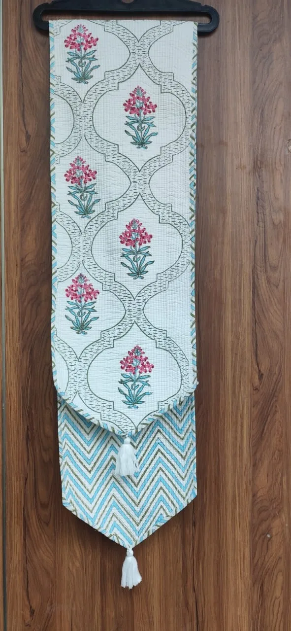 Ivory Aqua Mughal Lattice Reversible Quilted Table Runner original product photograph