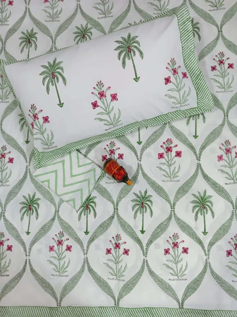 Sage Palm Arch Hand-Block Cotton Bedsheet original product photograph