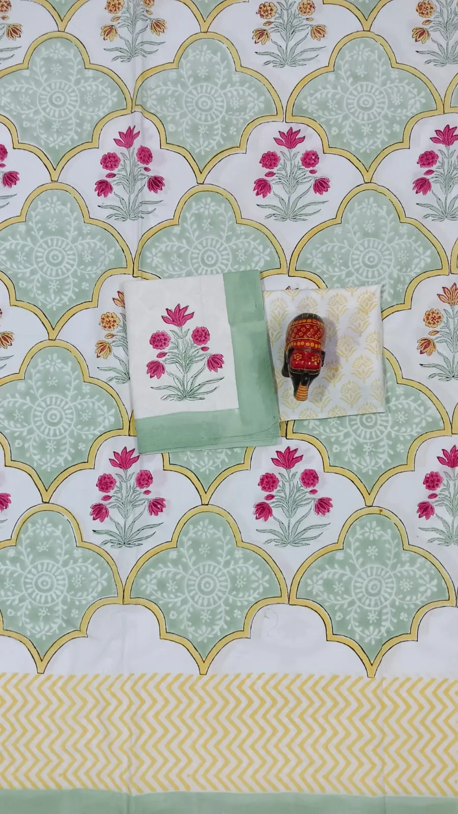 Aqua Scallop Rose Hand-Block Cotton Bedsheet original product photograph
