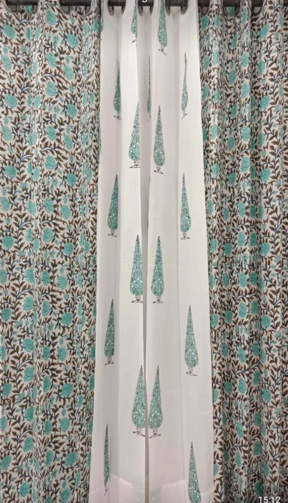 Aqua Floral Jaal & Teal Cypress Coordinated Pure Cotton Curtains original product photograph