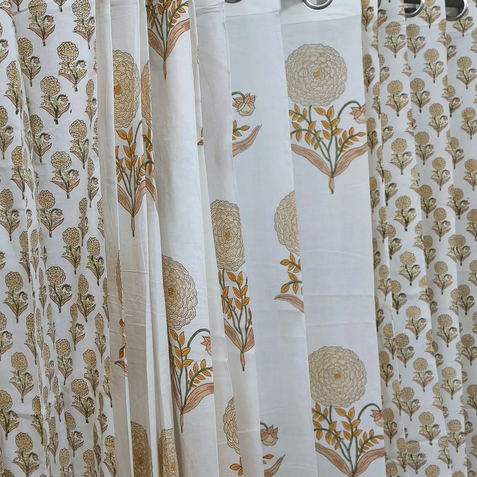 Beige Marigold Buta & Pompom Bloom Pure Cotton Curtains original product photograph