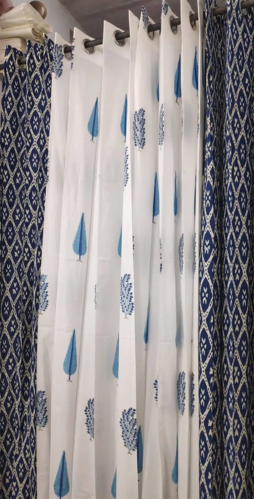 Indigo Geometric & Blue Botanical Pure Cotton Curtains original product photograph