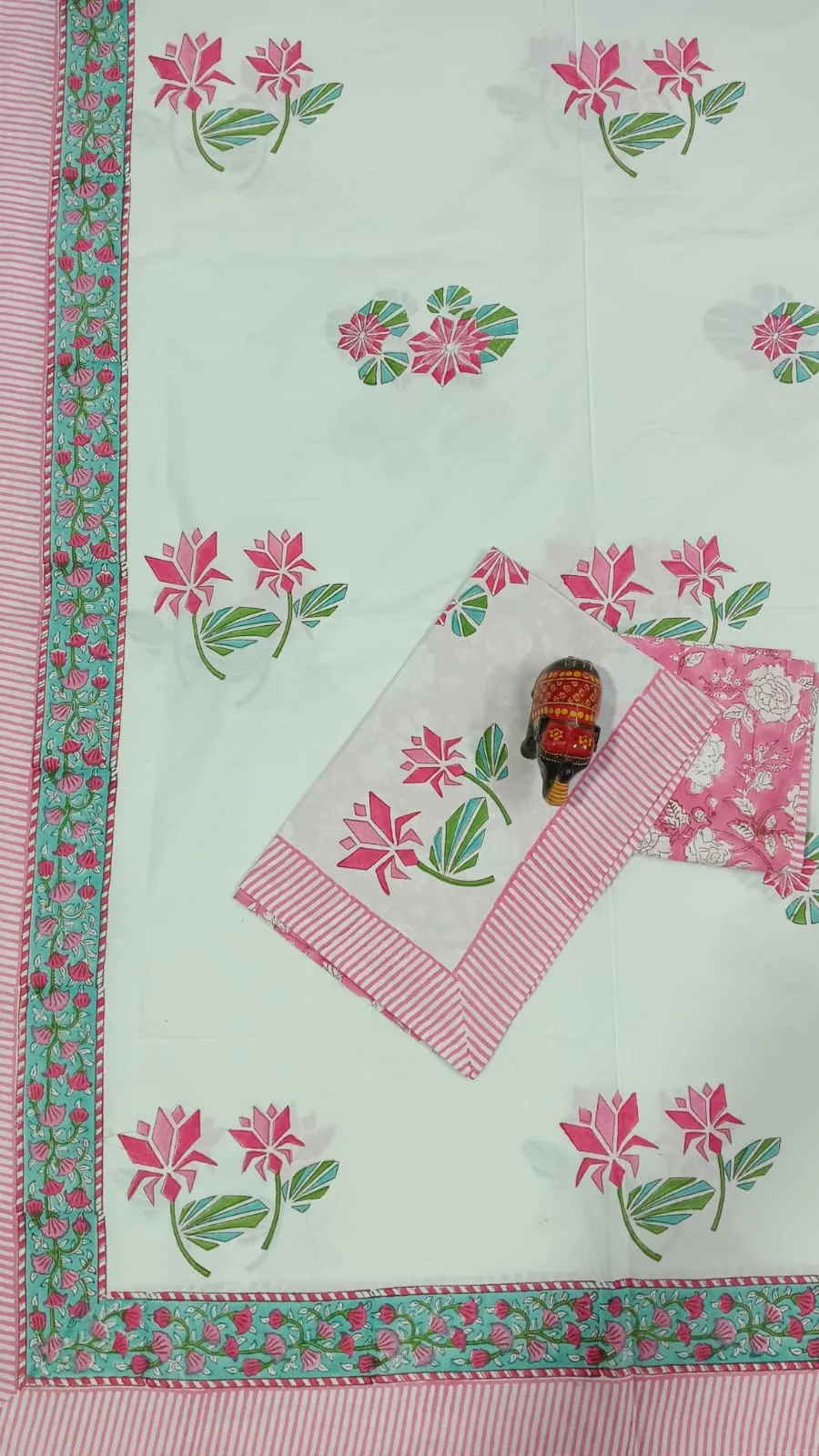 Aqua Gulab Sprig Hand-Block Cotton Bedsheet original product photograph