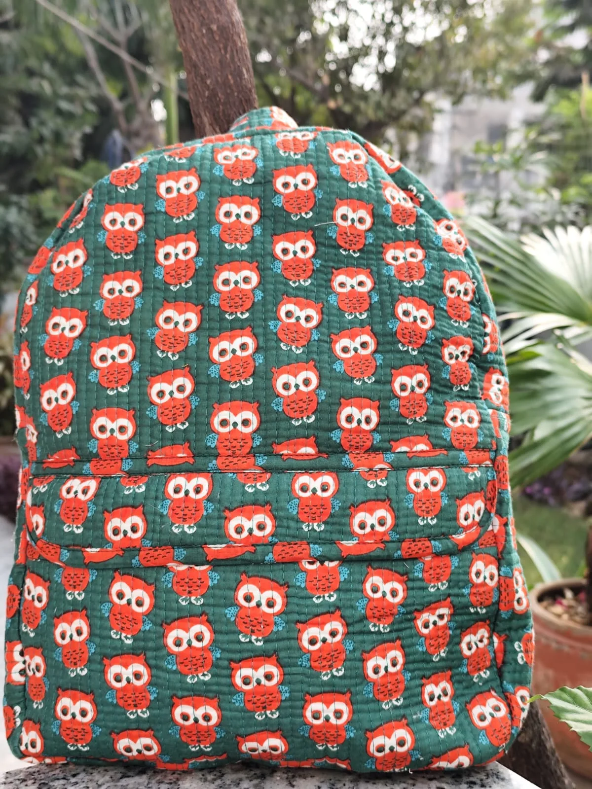 Teal Owl Party Quilted Kids Backpack original product photograph