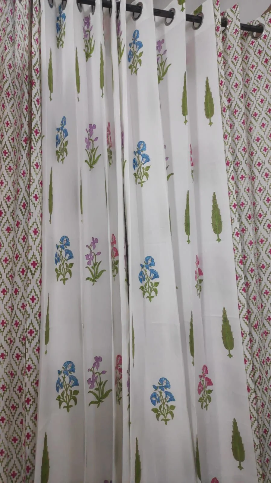 Olive Ikat Diamond & Multicolour Cypress Pure Cotton Curtains original product photograph