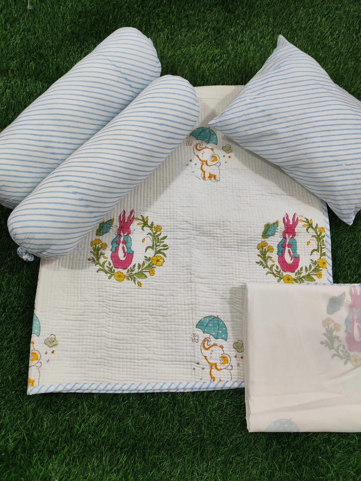 Bunny Rain Garden Handblock Kids Bedding Set original product photograph