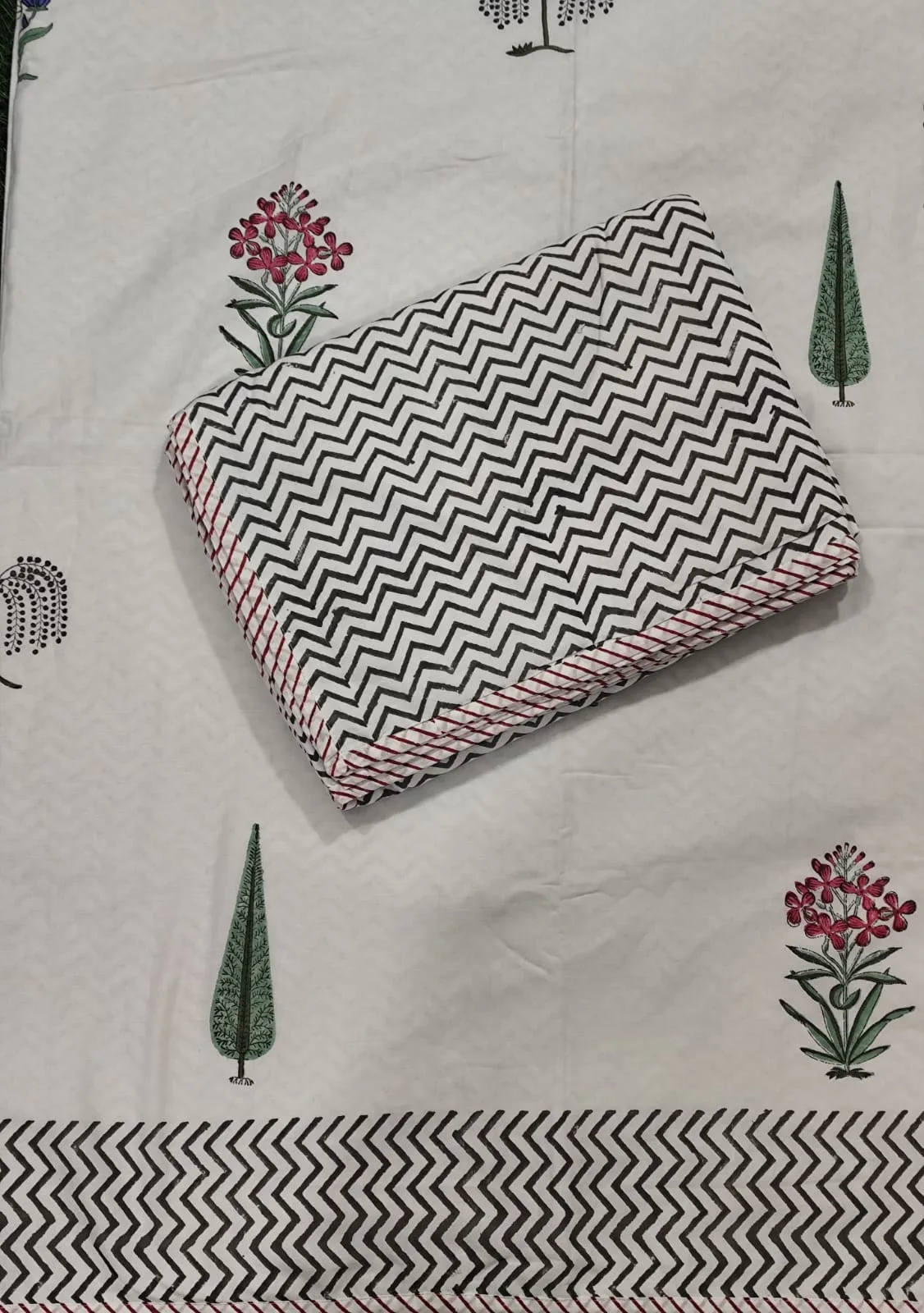 Rani Phool Cypress Monochrome Reversible Hand-Block Dohar original product photograph