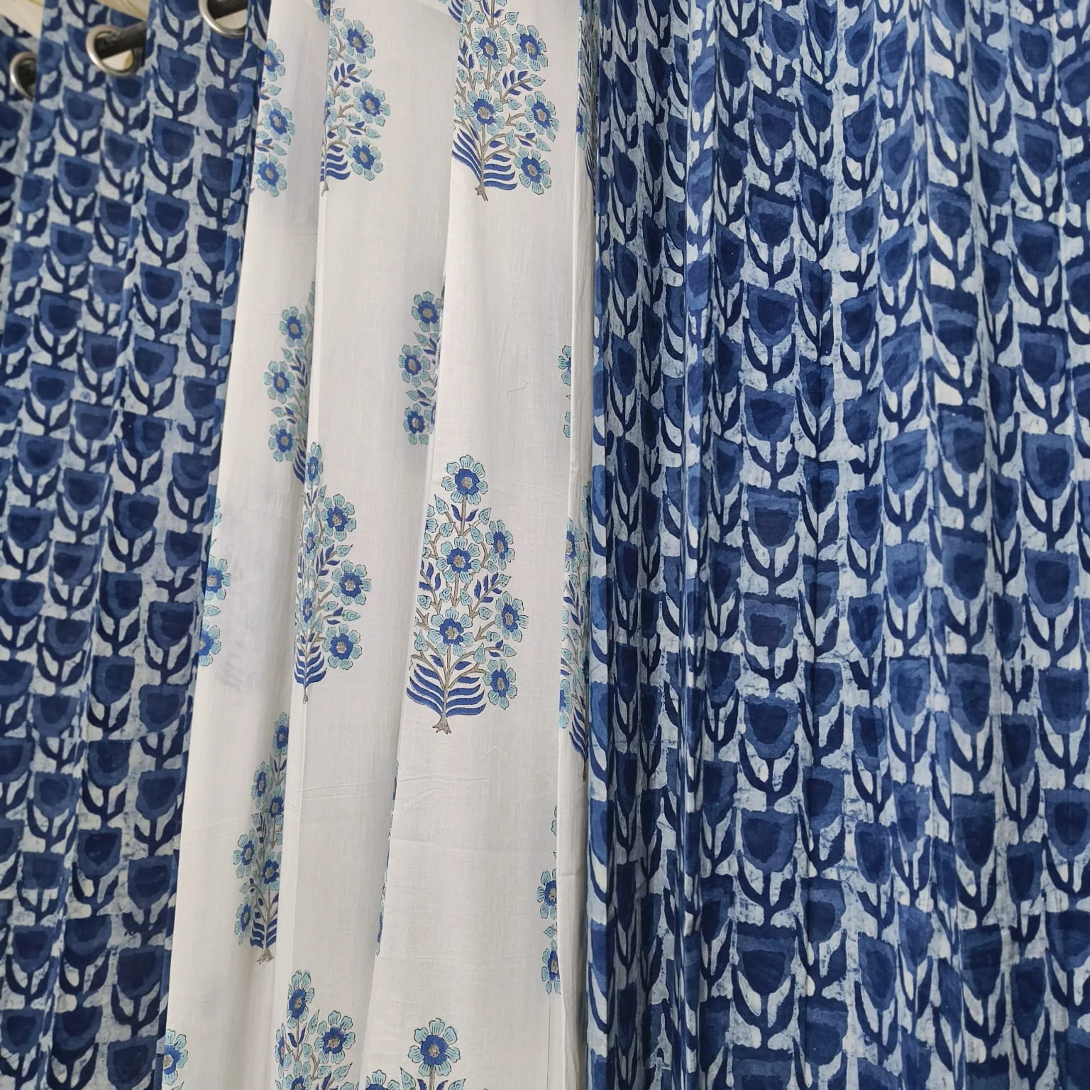 Indigo Tulip Lattice & Aqua Floral Bouquet Pure Cotton Curtains original product photograph
