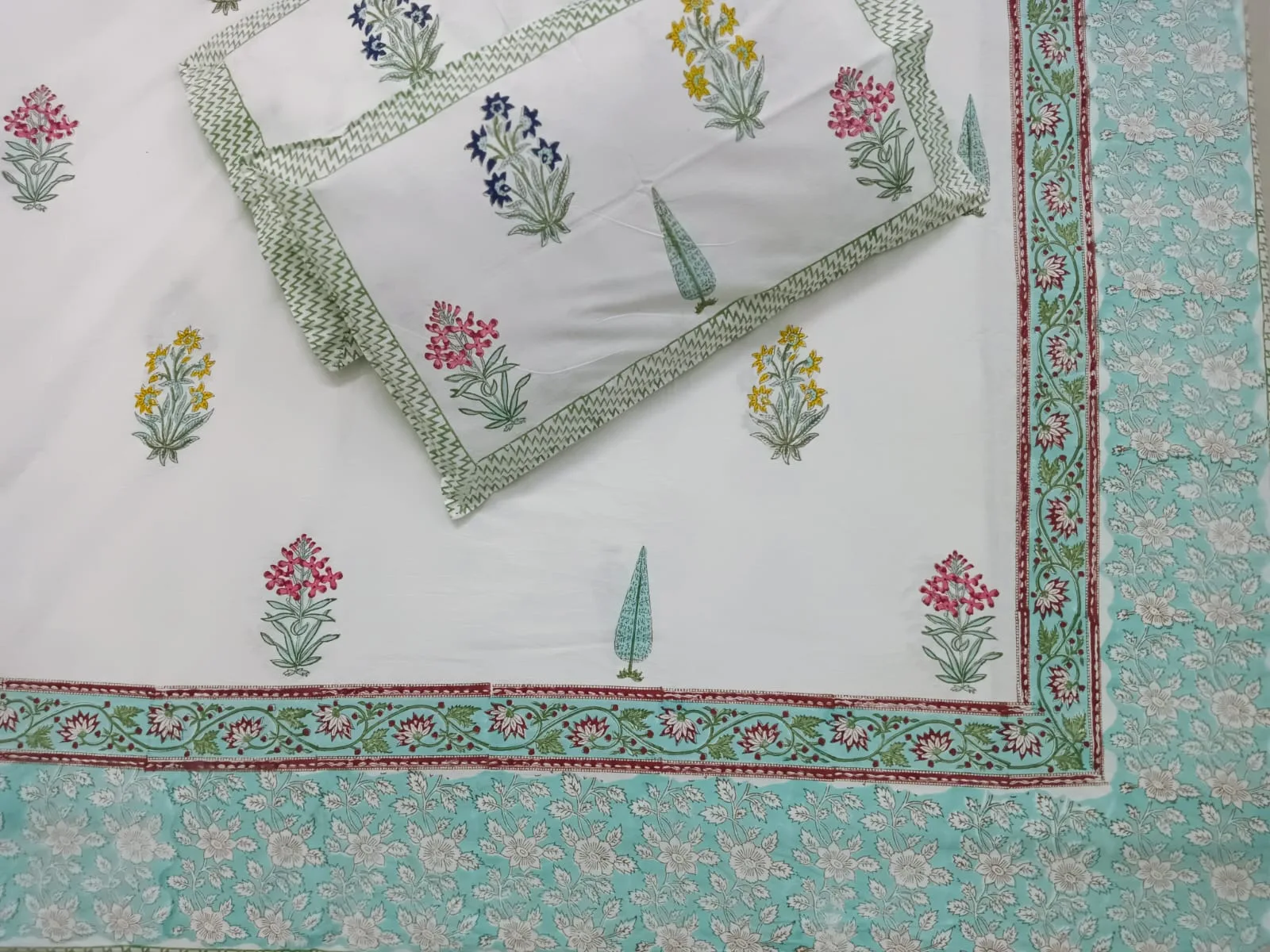 Aqua Border Cypress Garden Hand-Block Cotton Bedsheet original product photograph