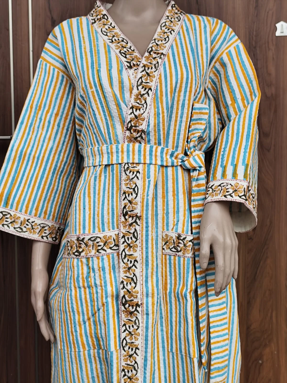 Aqua Mustard Stripe Adult Waffle Bathrobe original product photograph