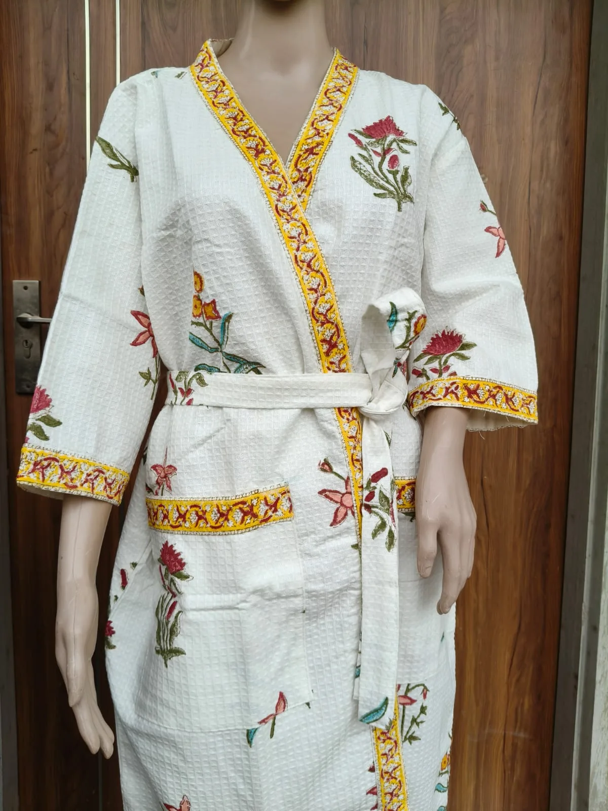 Mustard Multicolour Botanical Sprig Adult Waffle Bathrobe original product photograph
