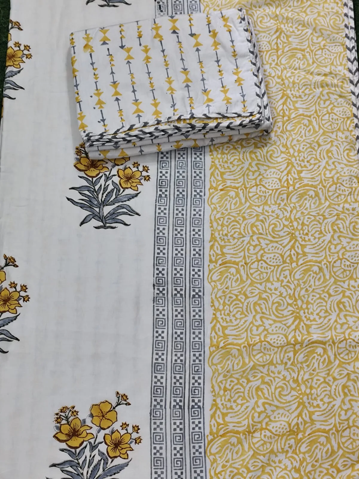 Mustard Phool Paisley Panel Reversible Hand-Block Dohar original product photograph