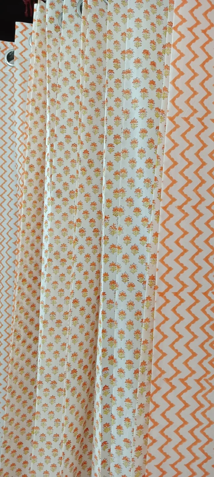 Tangerine Chevron & Marigold Sprig Pure Cotton Curtains original product photograph