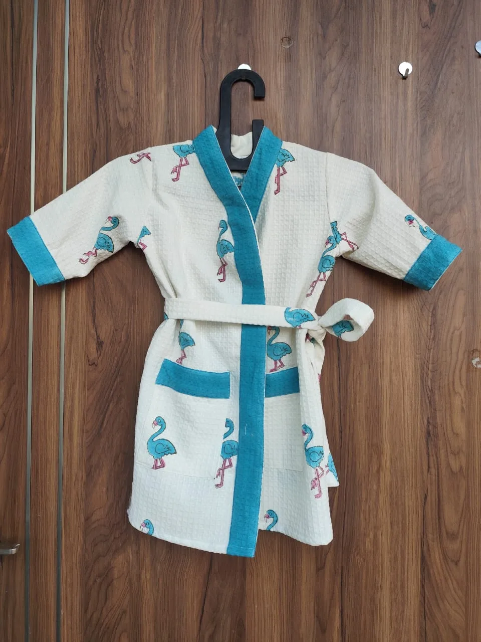 Teal Flamingo Stroll Kids Waffle Bathrobe original product photograph