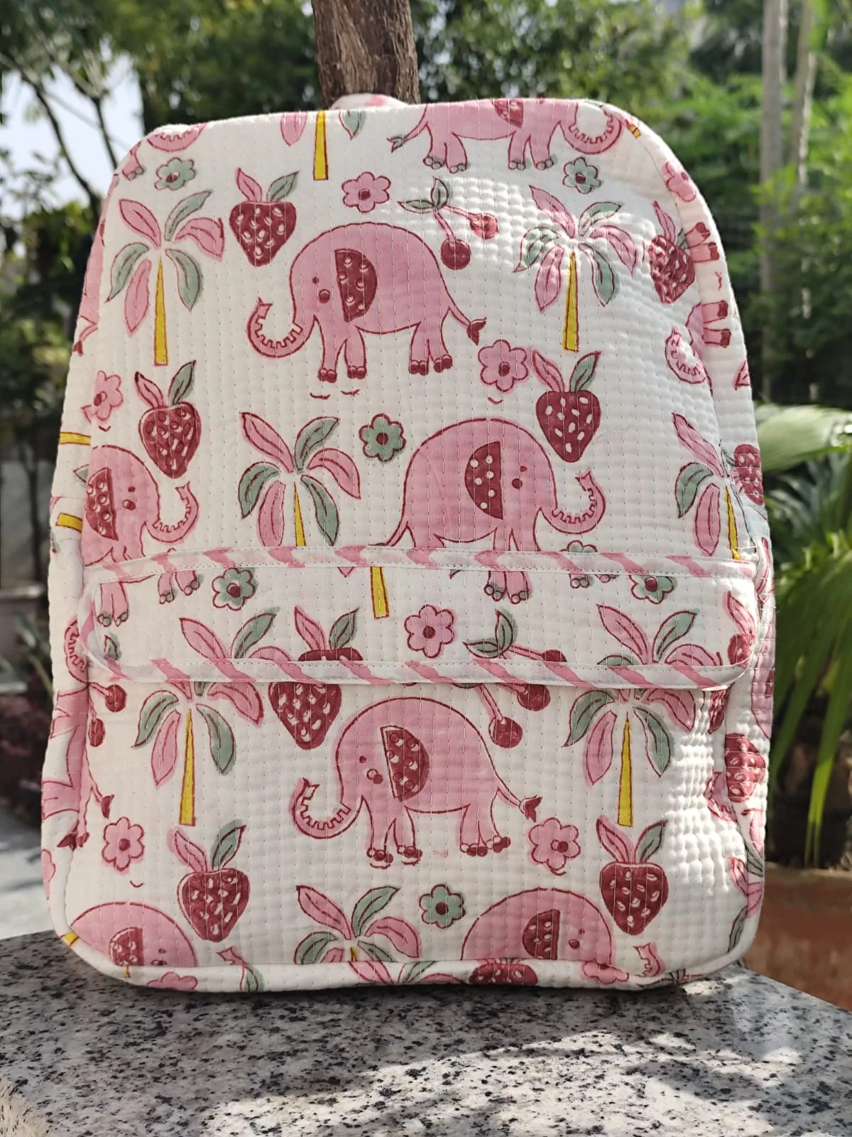 Pink Elephant Orchard Quilted Kids Backpack original product photograph