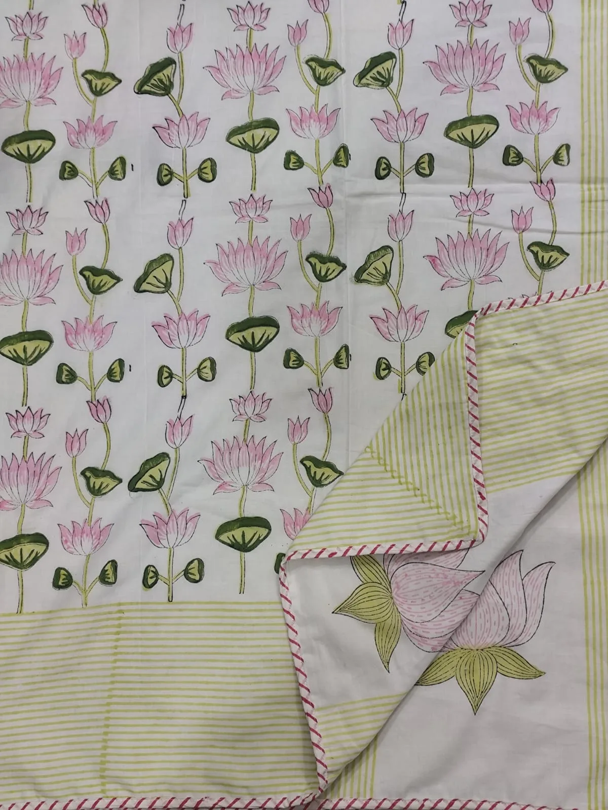 Gulabi Kamal Lime Stripe Reversible Hand-Block Dohar original product photograph