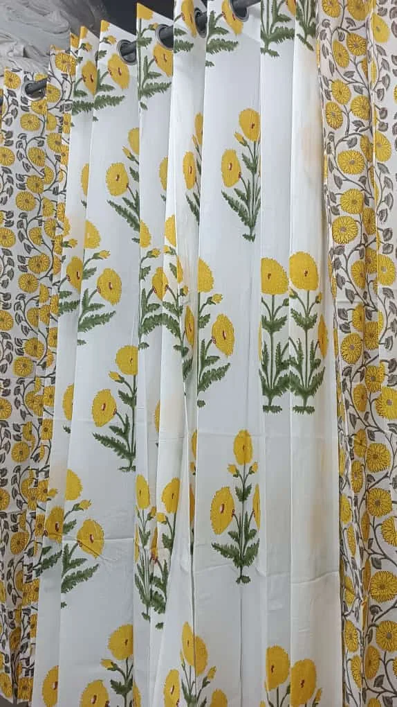 Mustard Marigold Vine & Bouquet Pure Cotton Curtains original product photograph