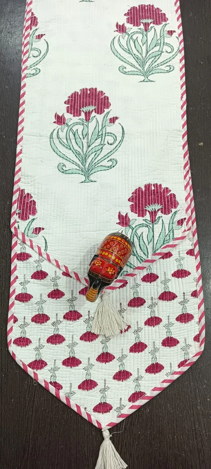 Raspberry Curl Bloom Reversible Quilted Table Runner original product photograph