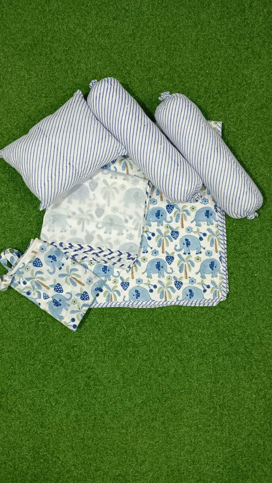 Blue Botanical Stripe Handblock Kids Bedding Set original product photograph
