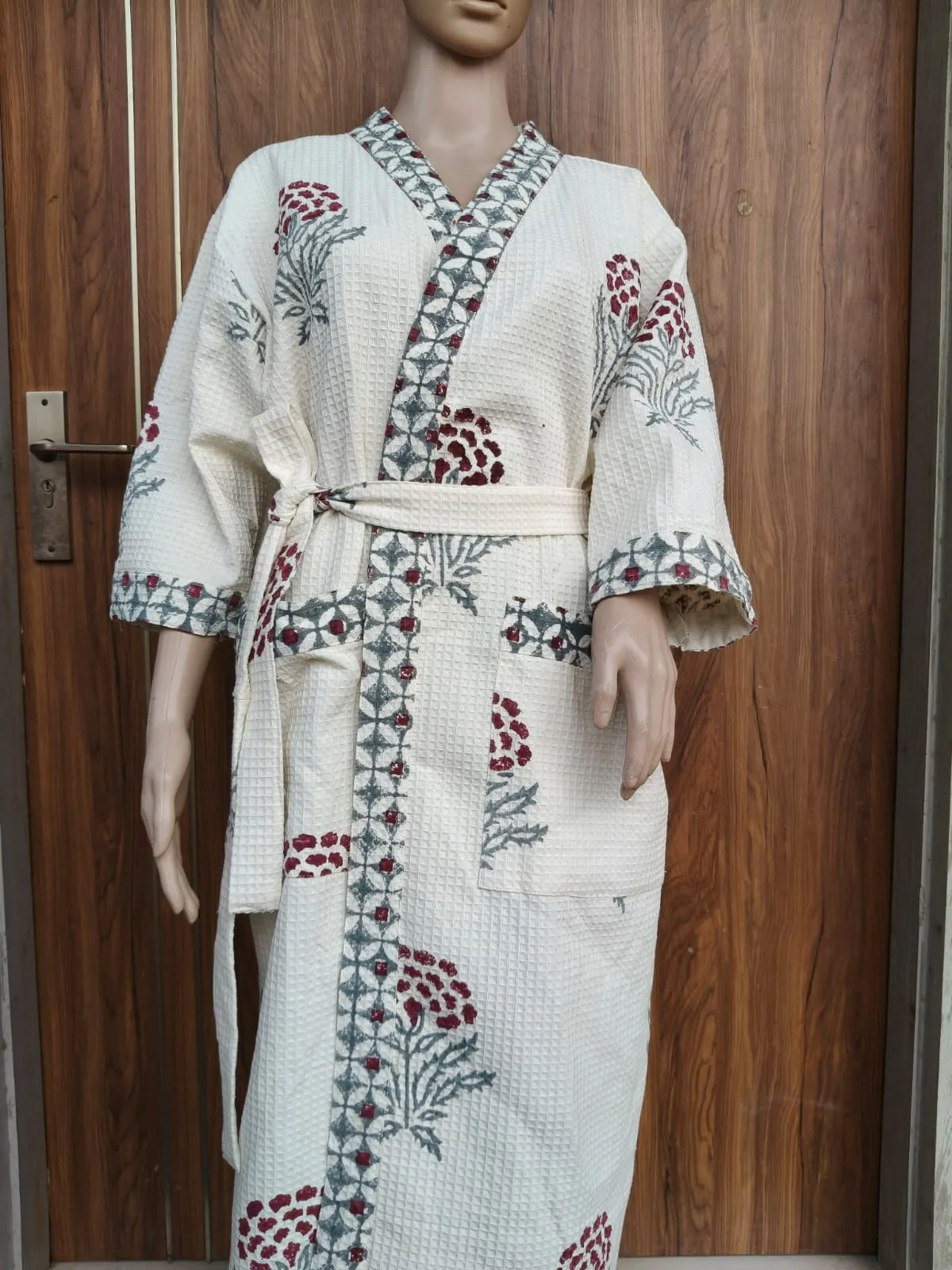 Crimson Floral Buta Adult Waffle Bathrobe original product photograph