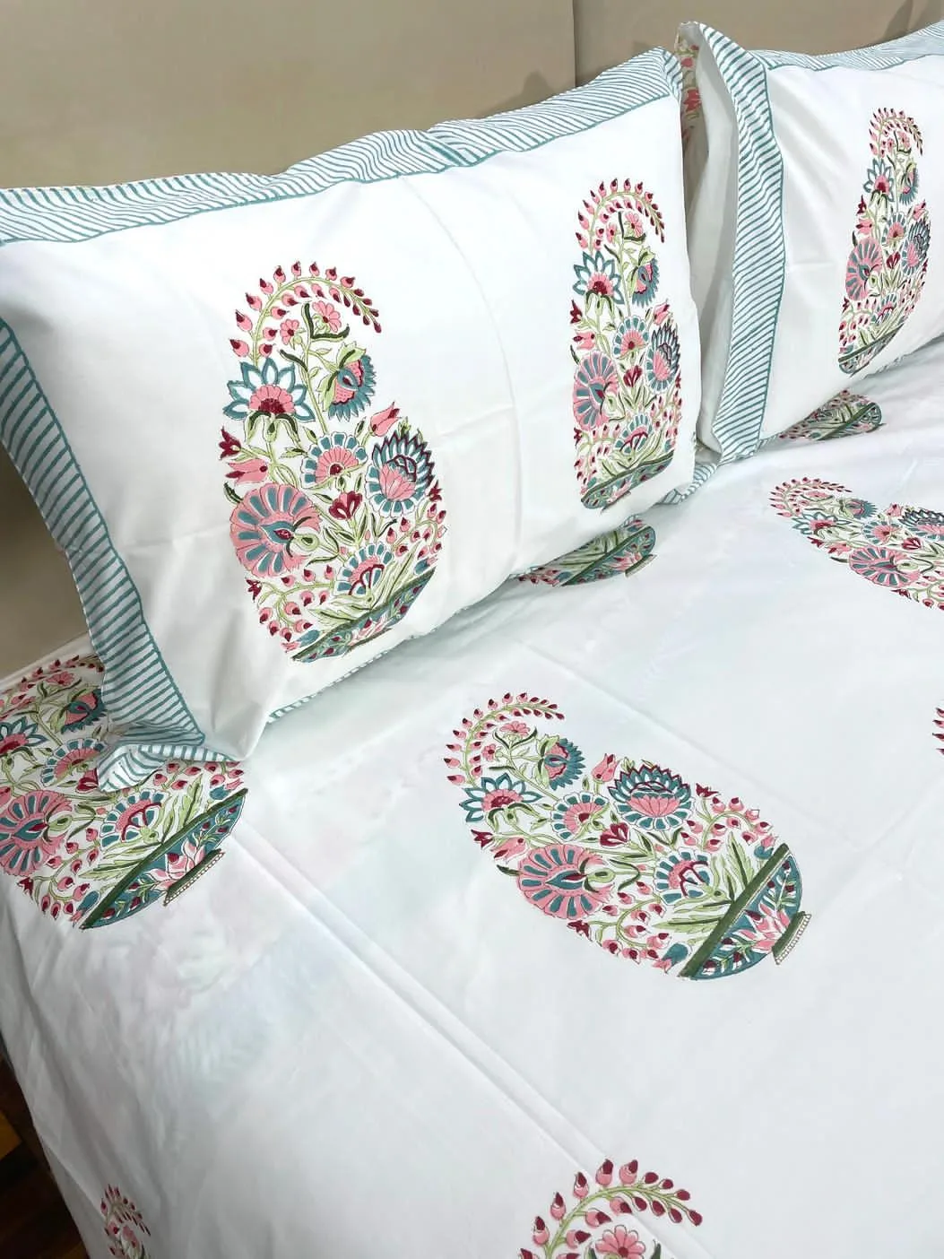 Coral Teal Paisley Medallion Hand-Block Cotton Bedsheet original product photograph