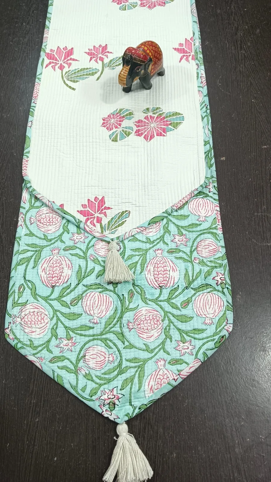 Raspberry Lotus Leaf Reversible Quilted Table Runner original product photograph