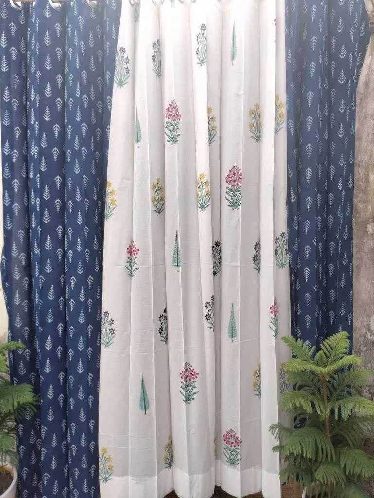 Navy Leaf Jaal & Multicolour Sprig Coordinated Pure Cotton Curtains original product photograph