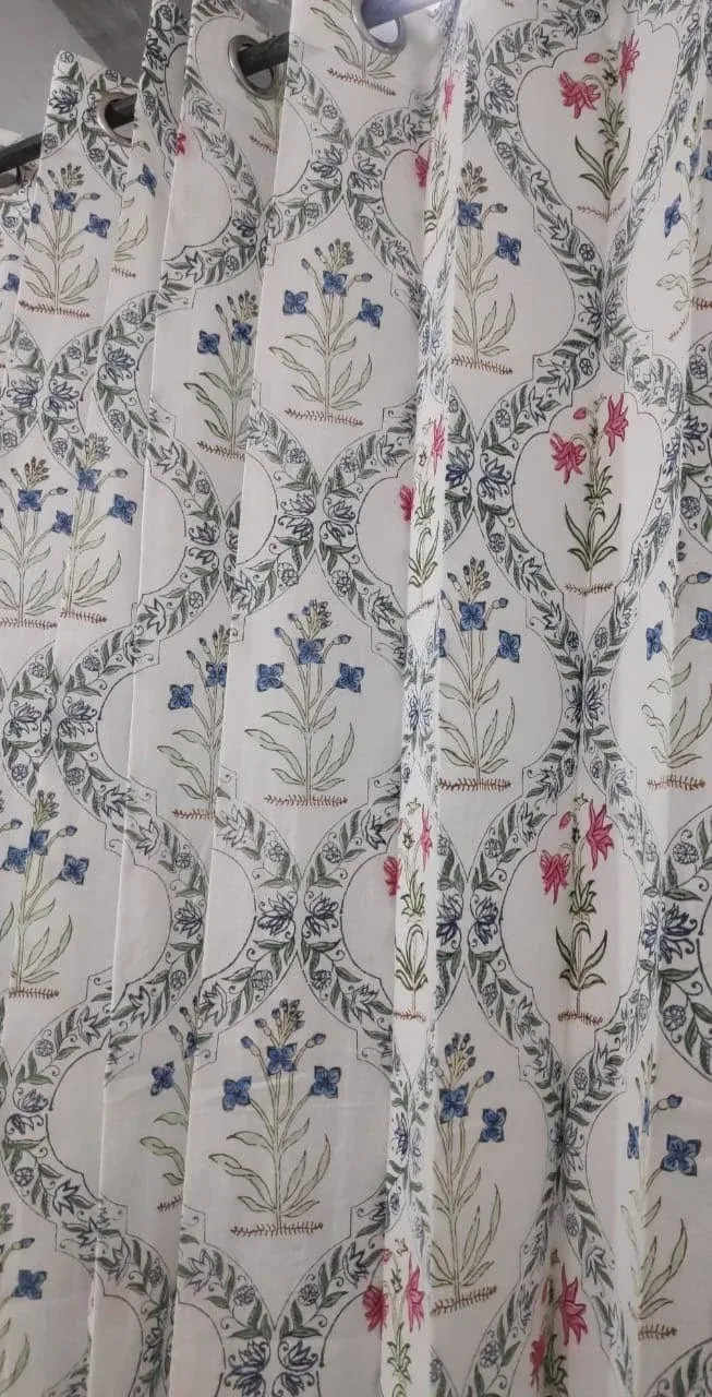 Indigo Sage Botanical Medallion Pure Cotton Curtains original product photograph