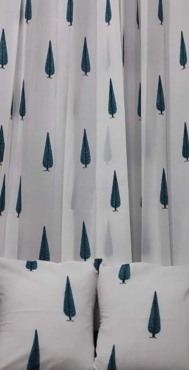 Indigo Cypress Motif Pure Cotton Curtains original product photograph