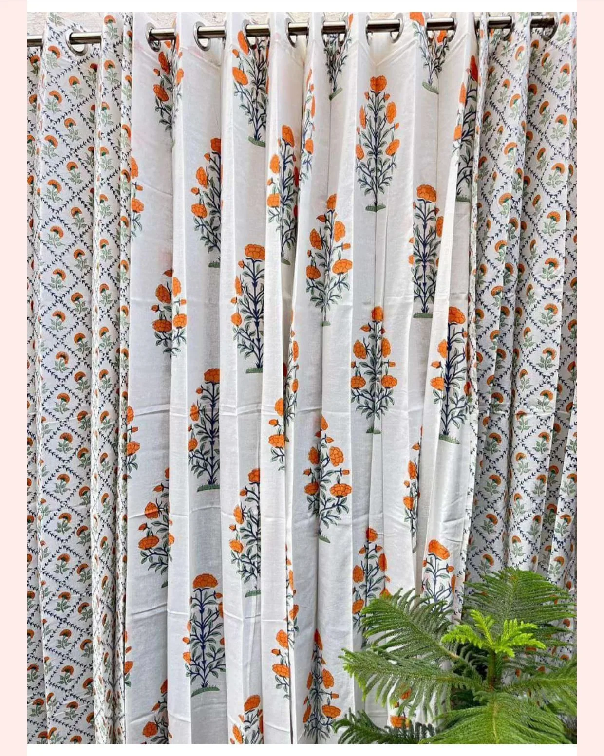 Orange Fan Floral & Indigo Marigold Buta Pure Cotton Curtains original product photograph