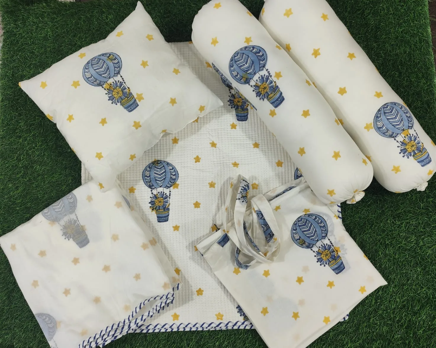 Indigo Balloon Adventure Handblock Kids Bedding Set original product photograph
