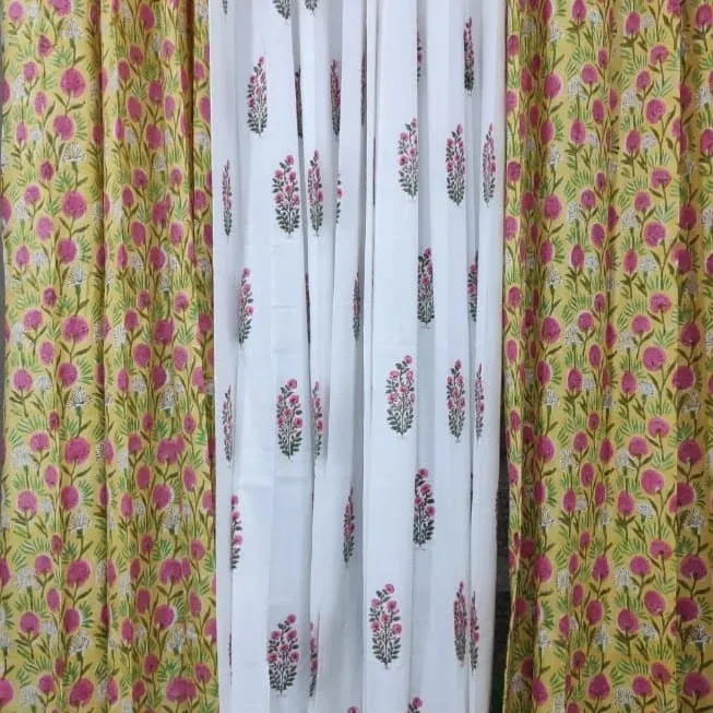 Mustard Floral Meadow & Pink Sprig Pure Cotton Curtains original product photograph