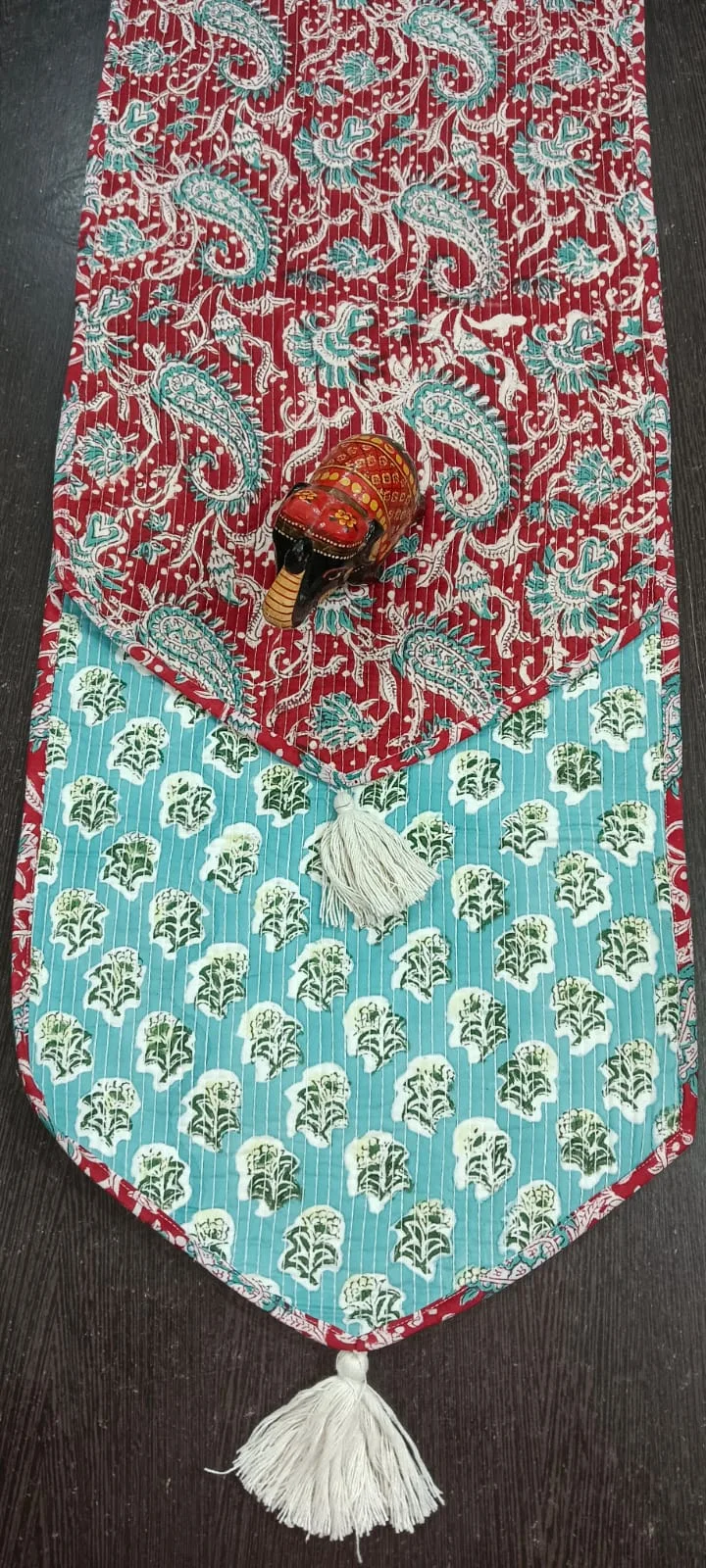 Brick Red Kalamkari Paisley Reversible Quilted Table Runner original product photograph
