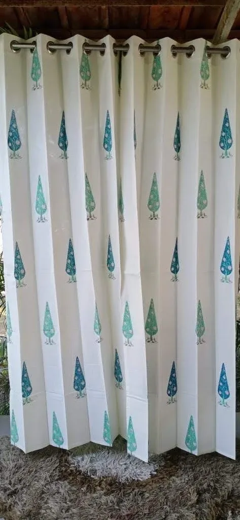 Aqua Cypress Motif Pure Cotton Curtains original product photograph