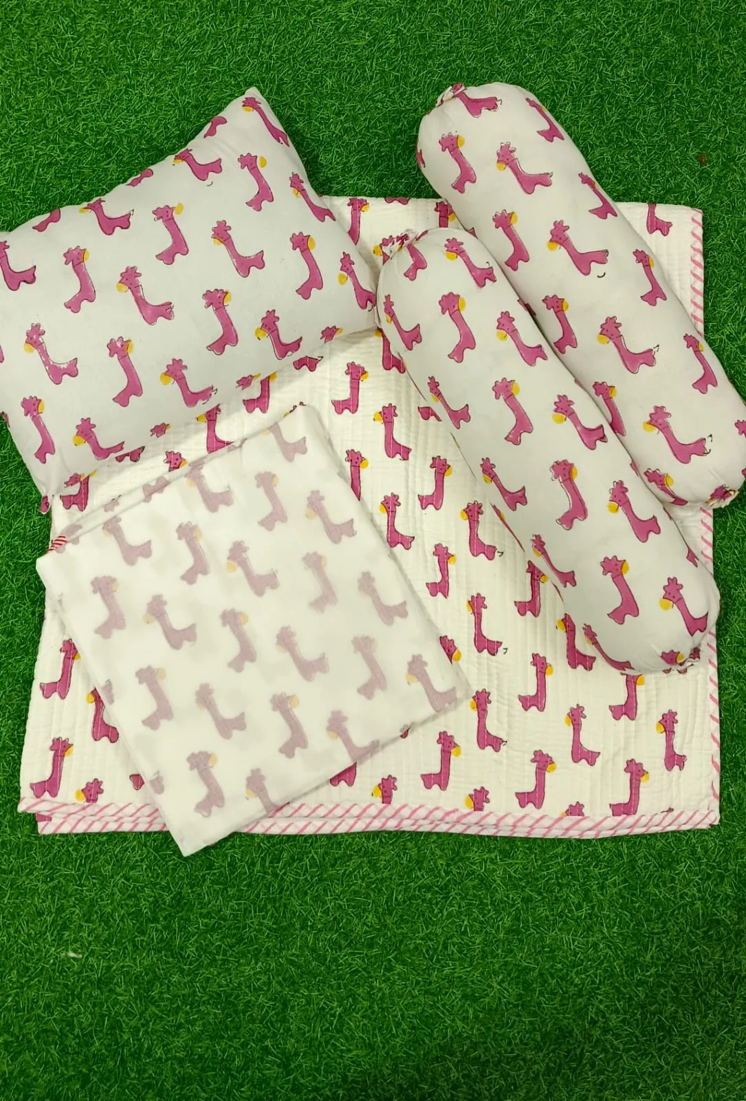 Pink Giraffe Parade Handblock Kids Bedding Set original product photograph