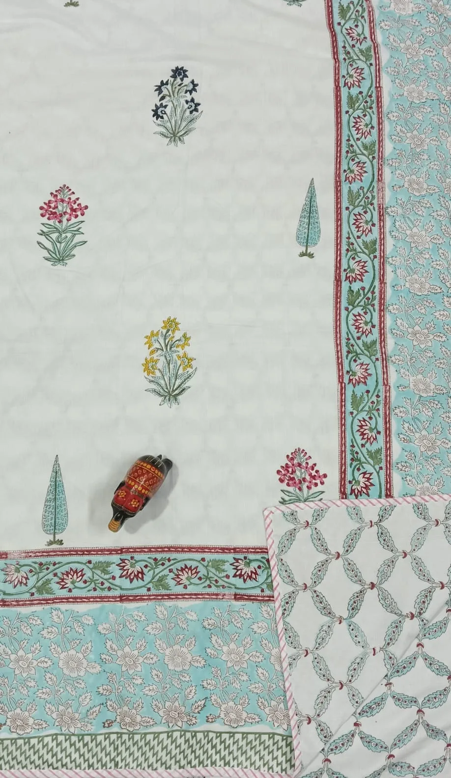 Multicolour Phool Cypress Aqua Border Reversible Hand-Block Dohar original product photograph
