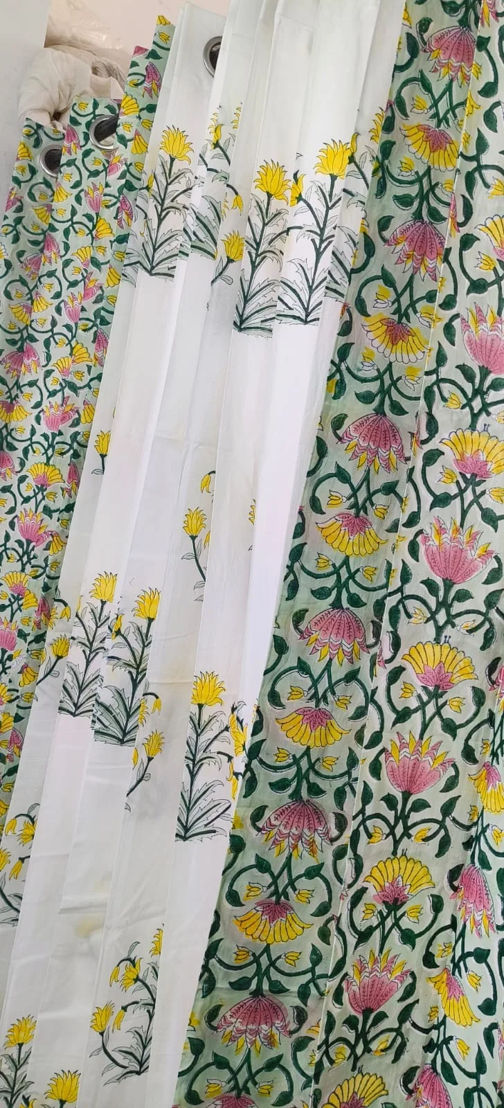 Rani Mustard Lotus Vine & Yellow Bloom Pure Cotton Curtains original product photograph