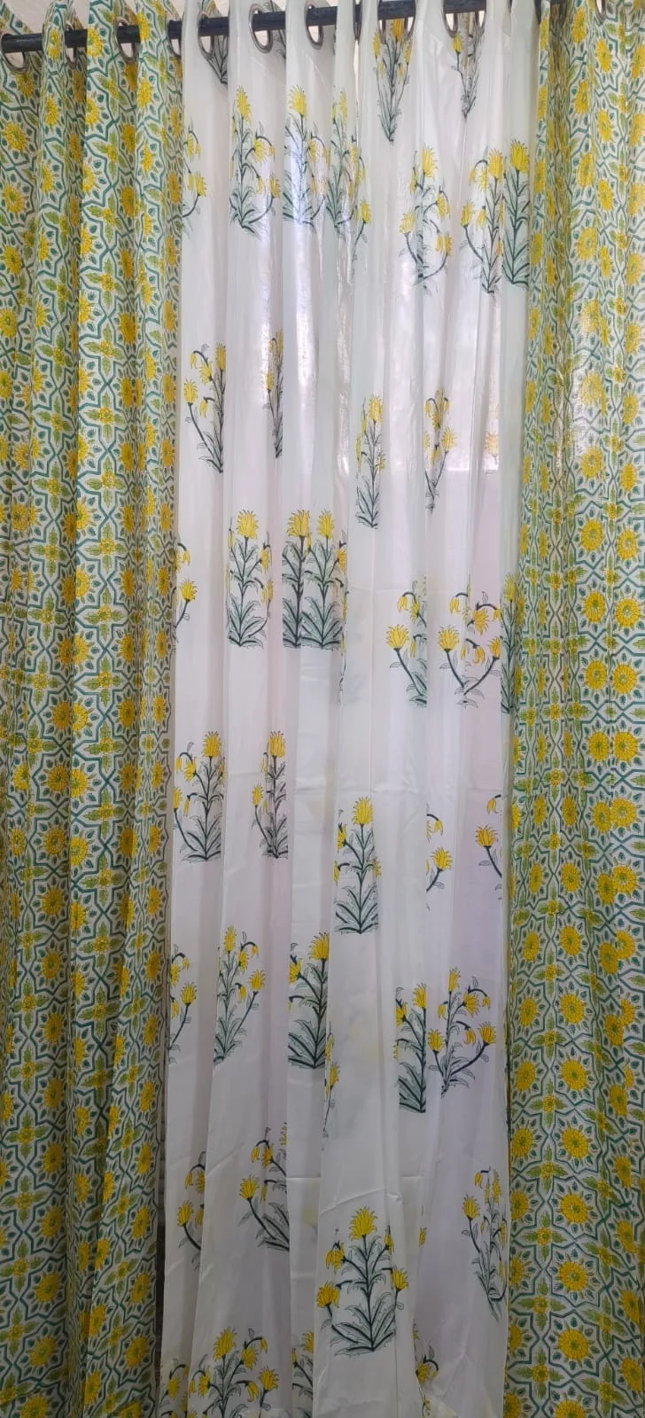 Ochre Floral Lattice & Yellow Lily Pure Cotton Curtains original product photograph
